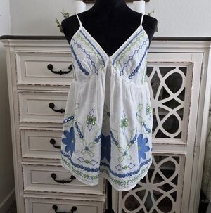 Anthropologie White Embroidered Spaghetti Strap Dress